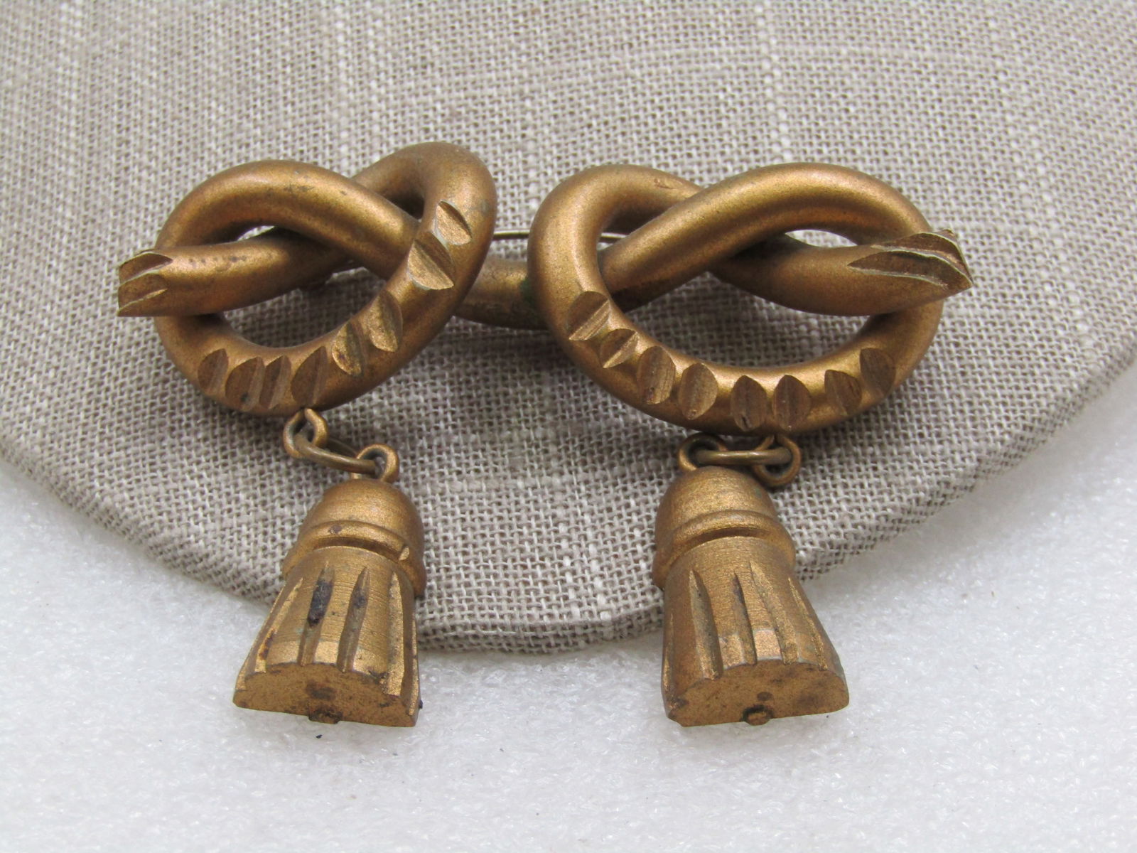 Victorian Gold Painted Knotted Brooch, Dangles, 3" (1 of 5)