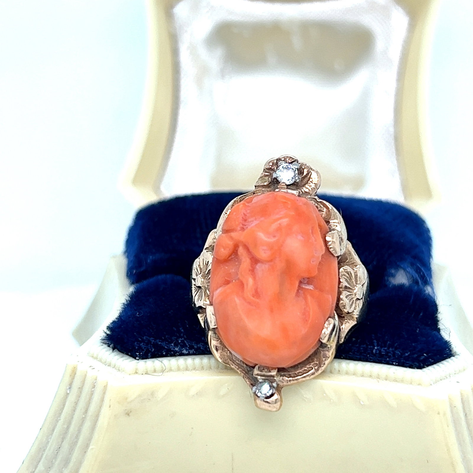 Antique vintage carved coral diamond art nouveau ring: Vintage from the 1930s Size: 8 1/4 US Materials: Stone Sustainable features: vintage gemstones. Items may include additional materials or use methods that aren't considered sustainable features on our