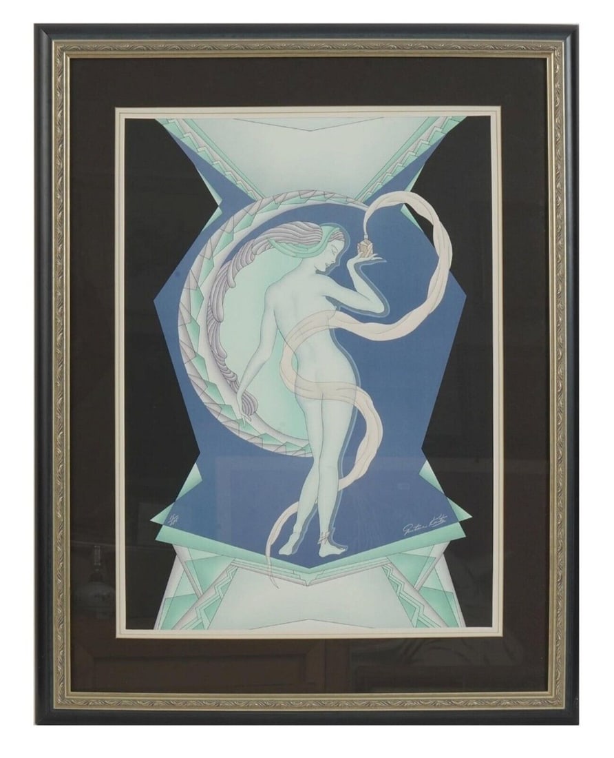 ART DECO FEMALE FIGURE COLOR LITHOGRAPH BY GUSTAV KAITZ SIGNED AND NUMBERED: Color lithograph representing a standing woman and a crescent surrounded by geometrical ornaments. Blue, turquoise, and purple color palette. Titled Genie. Dated 1980. Hand-signed Gustave Kaitz in the