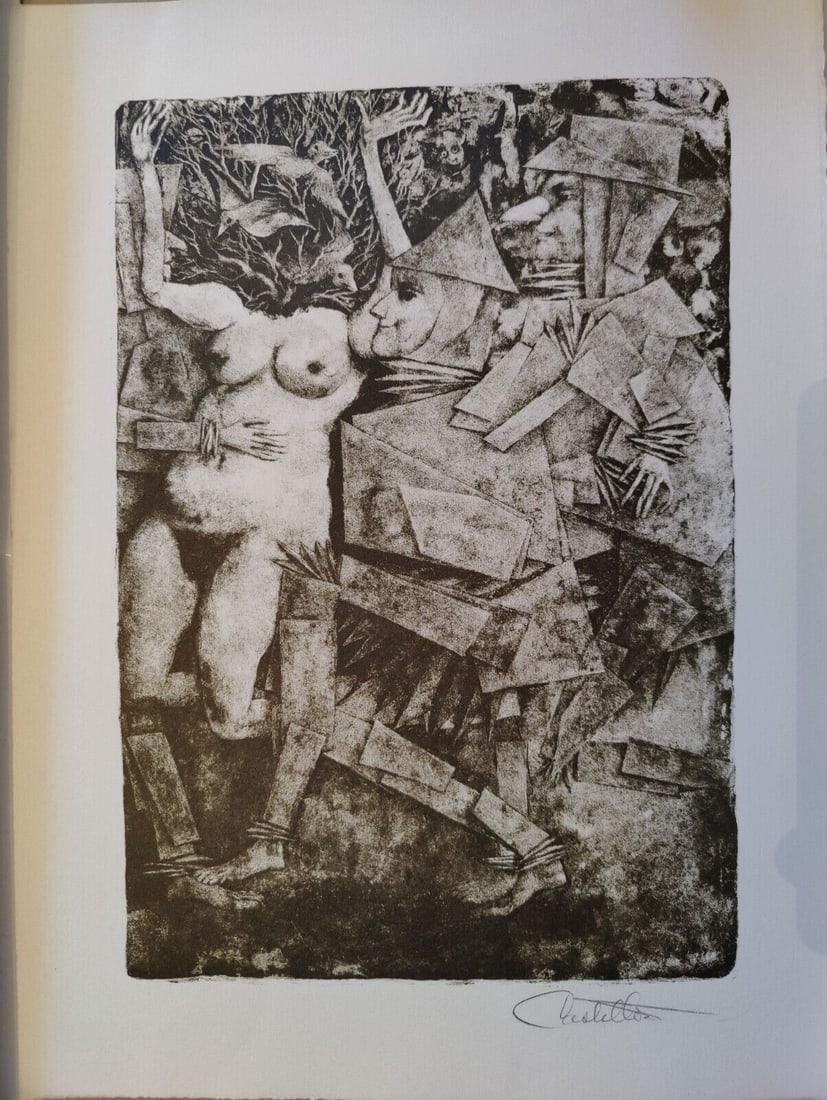 AMERICAN SURREALIST Erotic Lithograph FEDERICO CASTELLON 1947 Mid-Century MODERN: A fine mid-century etching in from Federico Castellon (1914-1971). This 1947 surreal depiction of a Chinese family is based upon real world experience Castellon had in east Asia during World War II. I