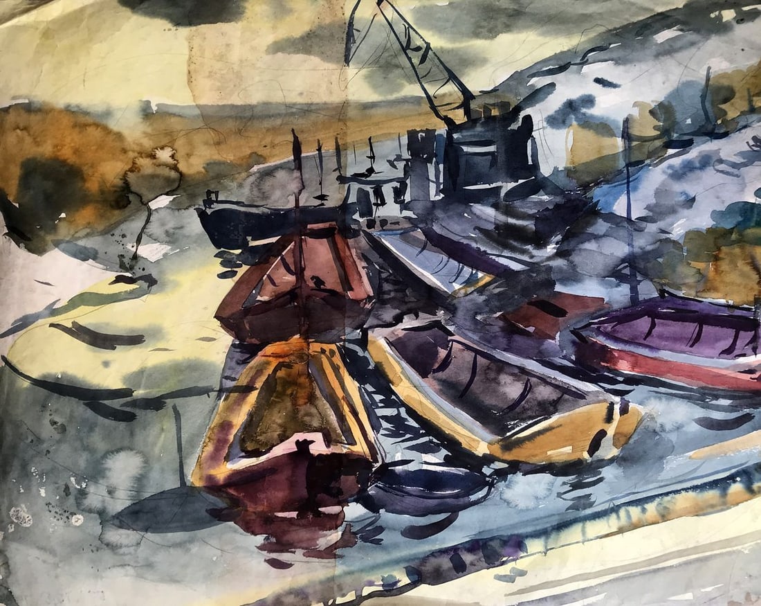 Watercolor painting City Port Unknown artist (1 of 11)