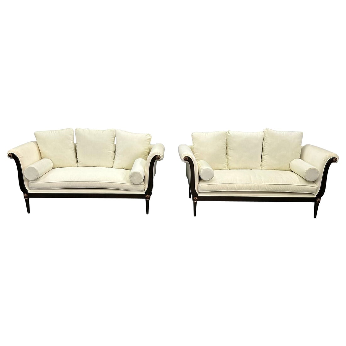 Pair of Hollywood Regency Vesey Style Sofas / Settee, Ebony Wood and Bronze: About the Item Pair of Hollywood Regency Vesey Style Sofas / Settee, Wood Frames with Bronze Mounts, New Pair of Directoire style sofas or settees having solid wooden frames. These seating arrangement