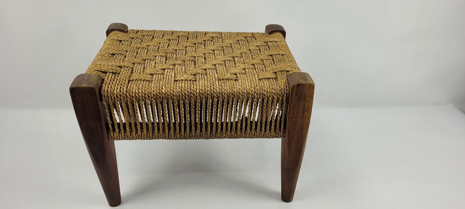 Vintage Mid Century Modern corded Danish Ottoman Wooden foot stool seat woven wood antique (1 of 9)