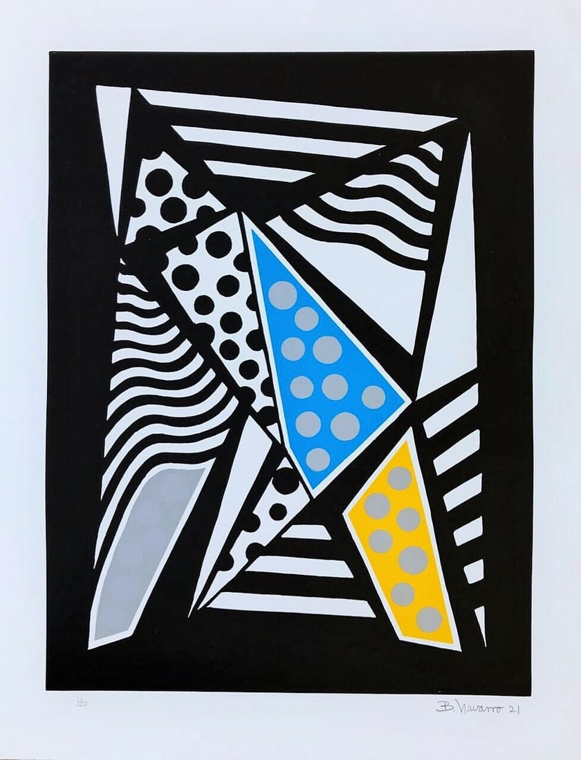 Bernardo Navarro Tomas Cuban woodcut 2021, 27.8 x 21.5 in.: Artist: Bernardo Navarro Tomas (Cuba, 1977) Title: Untitled (circulos plateados) Date: 2021 Medium: woodcut, silkscreen Dimensions: 27.8 x 21.5 in. (70.5 x 54.5 cm.) Reserve: $300.00 Shipping: Domesti