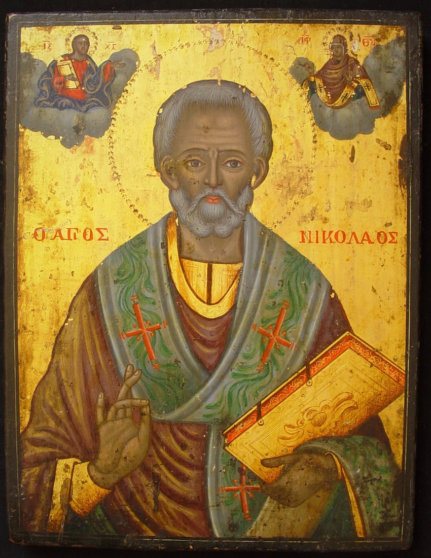 Saint Nicholas: Greek, Old Antique Orthodox Icon 19th century, tempera on wooden board, size 26 x 22 cm. St Nicholas is the most widely revered saint in Orthodoxy. The Russians have a saying "If anything happens to G