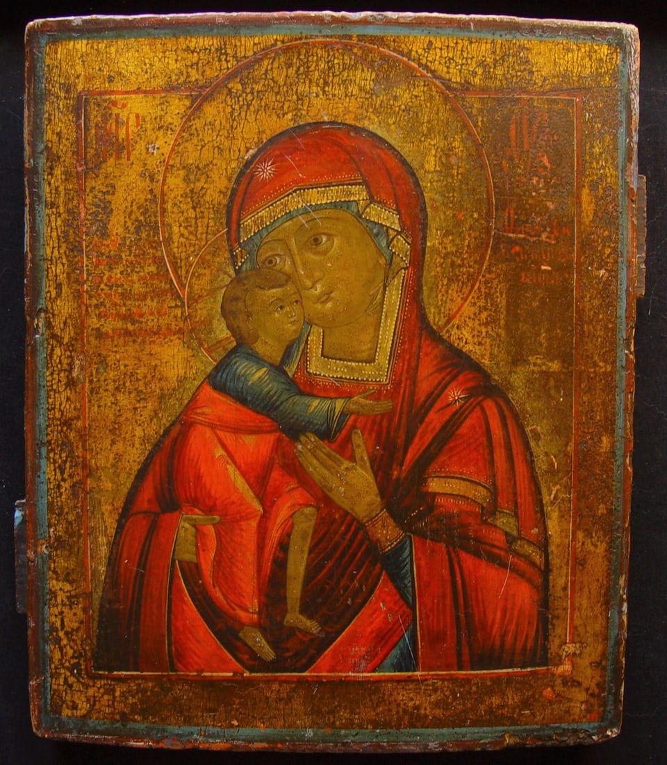 Mother of God of Feodorov: Old Antique Orthodox Icon, around 1800, tempera on wooden board, size 31 x 26 cm. The Mother of God Feodorovskaya in half figure holds her little son on her right arm. He cuddles up to his mother and