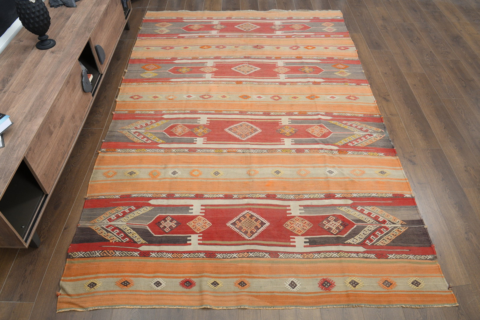 6.4x9.7 ft, ORANGE KILIM RUG,: Title: 6.4x9.7 ft, ORANGE KILIM RUG,Oridign: Turkey Date/Period: 1960 - 1970 Materials: Wool and Cotton Size: Width: 6.4 inches Length: 9.7 inches Provenance: This Turkish one-of-a-kind Vintage Flatwe