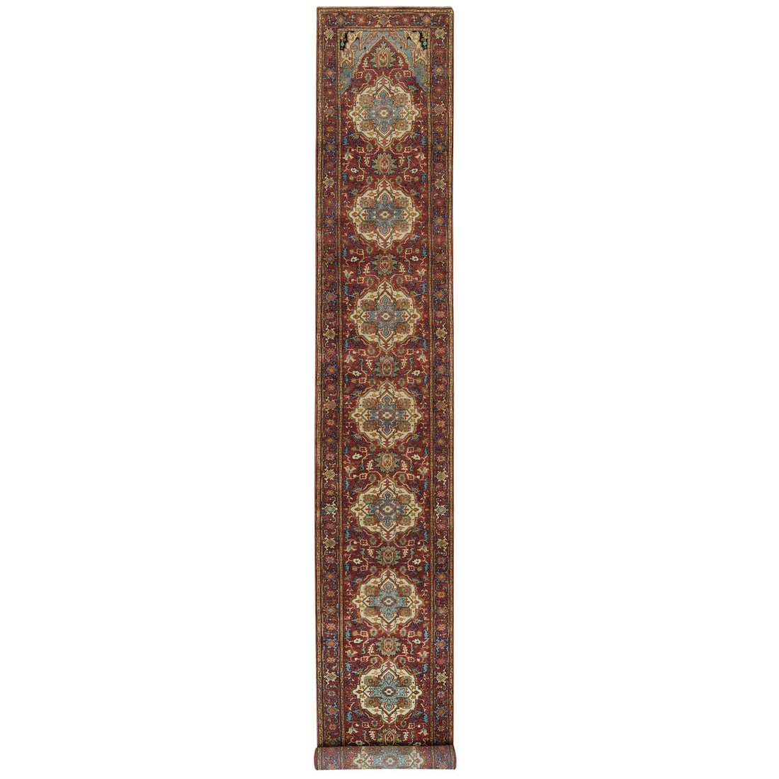 Red Antiqued Fine Heris Re-Creation Hand Knotted Soft Wool Runner Rug (1 of 8)