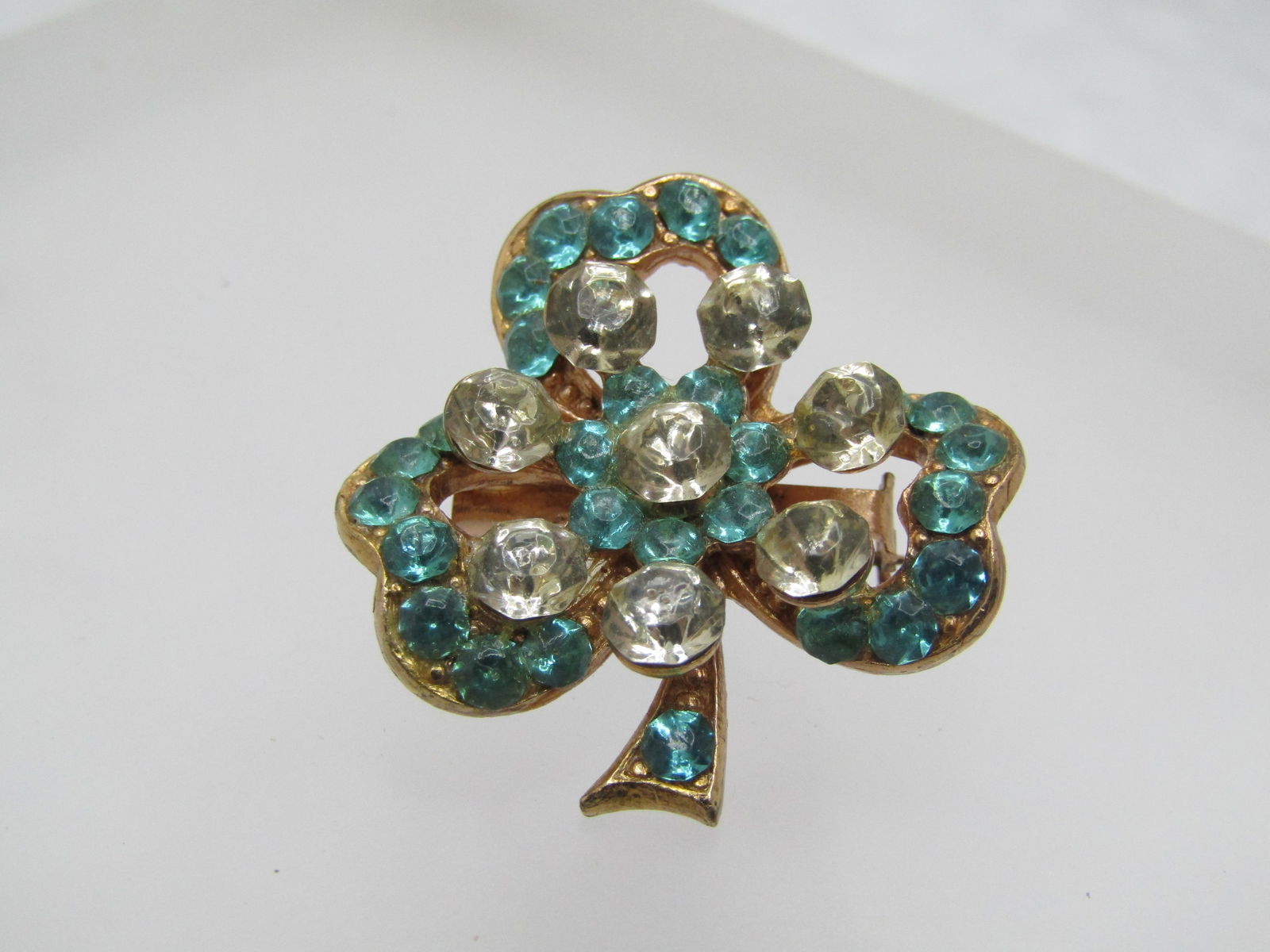 Vintage Three-Leaf Clover Brooch, Aqua & Clear Rhinestones, 1940's-1950's (1 of 5)