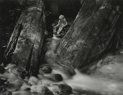 WYNN BULLOCK - Lynne, Logs and Doll, 1958: Artist: Wynn Bullock Title: Lynne, Logs and Doll, 1958 Medium: Photo Litho, 2014, China Dimensions: 9.45x7.3" Description: Heat Wax Mounted on 11x14" Conservation Board Artist Bio: Wynn Bullock (1902-