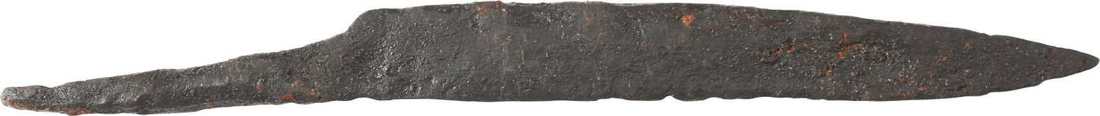VIKING POUCH KNIFE, 9th-11th CENTURY: 4 3/4” total length. Wedge section blade for slashing with a slightly dropped, semi edged, point in the scramasax style for thrusting. Whittle tang, to secure it to the wood, bone, or antler gri