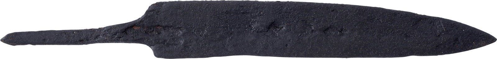 VIKING FIGHTING KNIFE 850-1050 AD: Scramasax (scramsax) form with downcurved blade with near straight edge for slashing s was the Viking method for knife fighting. Forged iron, just under 6” overall with thin slashing blade and t