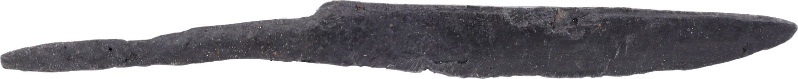 ANCIENT VIKING POUCH KNIFE, 9th-11th CENTURY: Over 3 1/2” (3.63”) total length. Wedge section blade for slashing with a slightly dropped point in the scramseax style for thrusting. Whittle tang, to secure it to the wood, bone, or antl