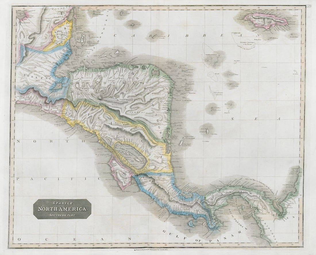 Spanish North America, southern part by John Thomson. Central America 1830 map: TITLE/CONTENT OF MAP: 'Spanish North America, southern part' DATE PRINTED: 1830 IMAGE SIZE: Approx 53.0 x 66.0cm, 21 x 26 inches (Large); Please note that this is a folding map. TYPE: Antique early 19