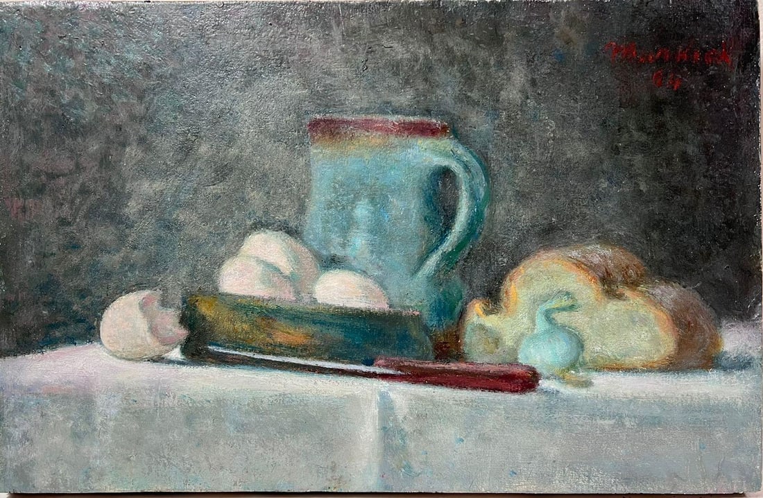 Still Life Eggs Garlic Onion & Blue Jug Polish 20th Century Oil Painting (1 of 13)