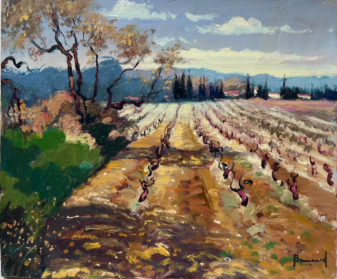 Autumn Vineyard in Provence Original French Impressionist Signed Oil Painting: Artist/ School: Guy Benard (French b.1928) signed lower corner. Painter from Rouen, Normandy, exhibited throughout France. Title: Provence Vignoble Medium: signed oil on canvas, unframed and inscribed