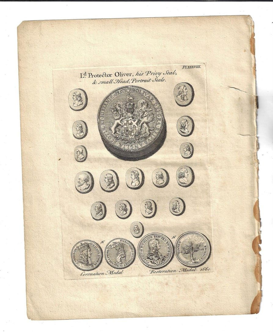 1765 Engraving Cromwell Privy Seal: Engraving of the Privy seal of Oliver Cromwell and other various medals, by George Vertue, published at London, 1765. On heavier paper, very good with concealed tear at margin, measures 9 x 11".Reserv