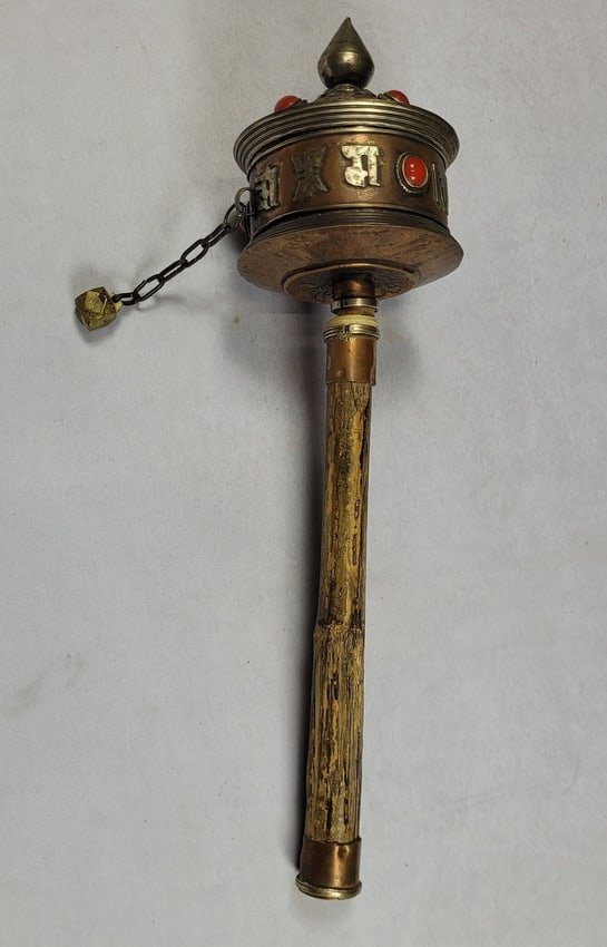 Antique Tibetan Buddhism Nepalese Copper Silver Prayer Spinning Wheel Red Stone (1 of 1)