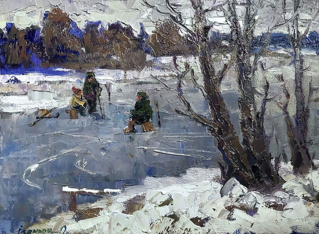 Oil painting The ice froze Kalenyuk Oksana: Kalen 1019The oil painting depicts a serene winter scene of a frozen river with people on a fishing trip. In the foreground, a group of people are gathered on the ice, bundled up in warm winter clothi