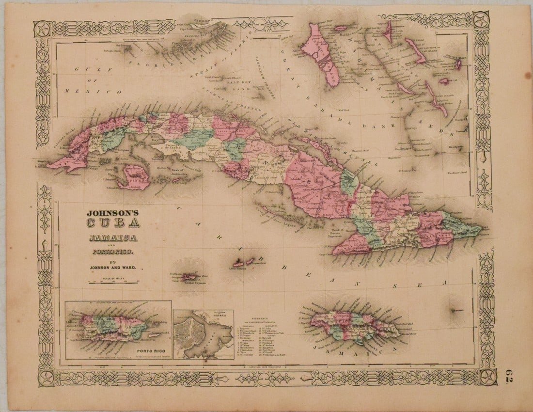 1863 Johnson Map of Cuba, Jamaica and Porto Rico -- Johnson's Cuba Jamaica and Puerto Rico: Title: 1863 Johnson Map of Cuba, Jamaica and Porto Rico -- Johnson's Cuba Jamaica and Puerto RicoCartographer: Johnson & WardYear / Place: 1863, New YorkMap Dimension (in.): 12.6 X 15.7 in.This is a s