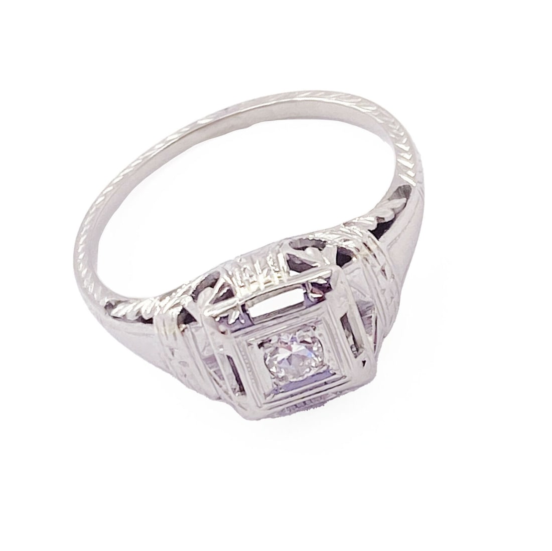 Vintage Estate 18k White Gold 0.14ct Diamond Art Deco Filigree Ring sz 5.75 (1 of 5)