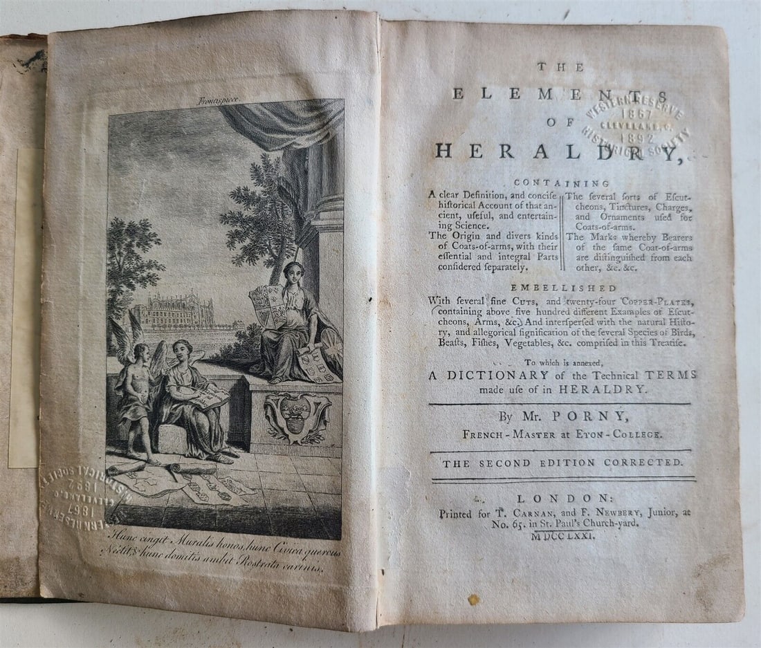 1771 ELEMENTS of HERALDRY by Mr. Porny antique ENGLISH illustrated: THE ELEMENTS OF HERALDRY By Mr. Porny London; 1771 Original leather binding Size 4 3/4 by 8" Worn, front cover is detached, some plates are missing Text in English Reserve: $98.00 Shipping: Dom