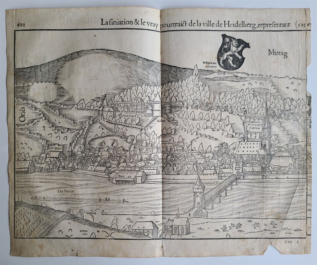 1575 HEIDELBERG GERMANY view LEAF BELLEFOREST ED. of MUNSTER COSMOGRAPHY antique: Francois de Belleforest (1530 – 1583) Paris, 1575 Rare HEIDELBERG , GERMANY VIEW DOUBLE LEAF from 1575 Belleforest revised French edition of Munster’s cosmography under the title “La
