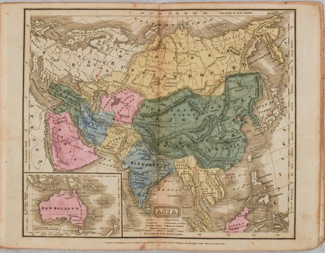 1821 Woodbridge Map of Asia and Australia -- Asia: Title: 1821 Woodbridge Map of Asia and Australia -- Asia Cartographer: W. Woodbridge Year / Place: 1821, Hartford Map Dimension (in.): 8.7 X 10.3 in. This is an excellent map of Asia with Australia in