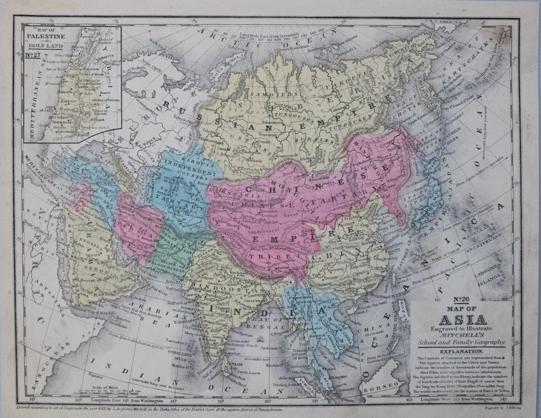 1852 Mitchell Map of Asia -- No. 26 Map of Asia: Title: 1852 Mitchell Map of Asia -- No. 26 Map of Asia Cartographer: S Mitchell Year / Place: 1852, Philadelphia Map Dimension (in.): 8 x 10.5 in. This is an excellent map of Asia. Key cities, topogra