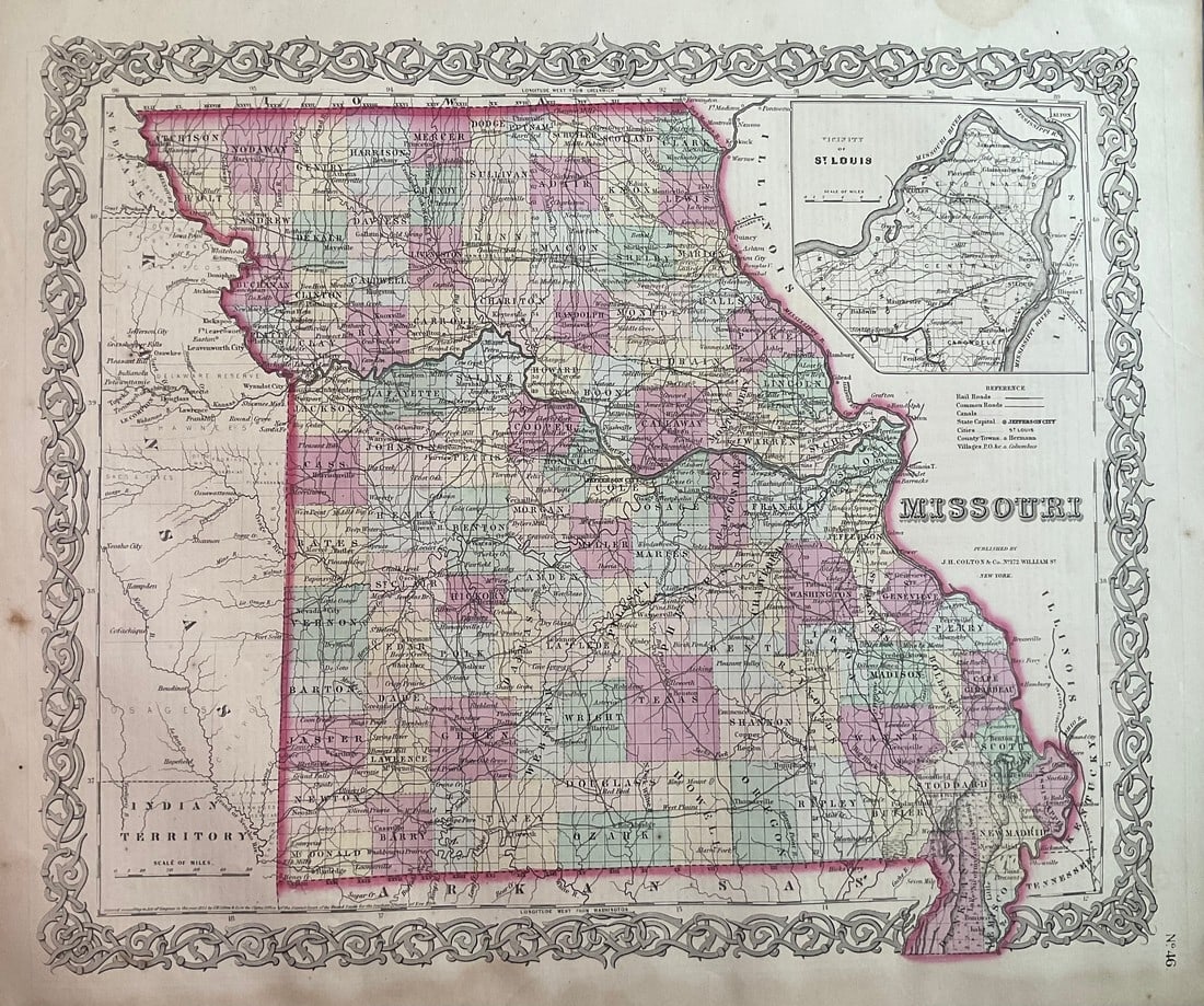 1859 Missouri with St. Louis insert by Colton: Title: 1859 Missouri with St. Louis insert by Colton Date/Period: 1859 Materials: Steel engraved Size: 17 1/2 x 14 1/2" Missouri with St. Louis insert. By J. H. Colton & G. W. Colton. From "General At