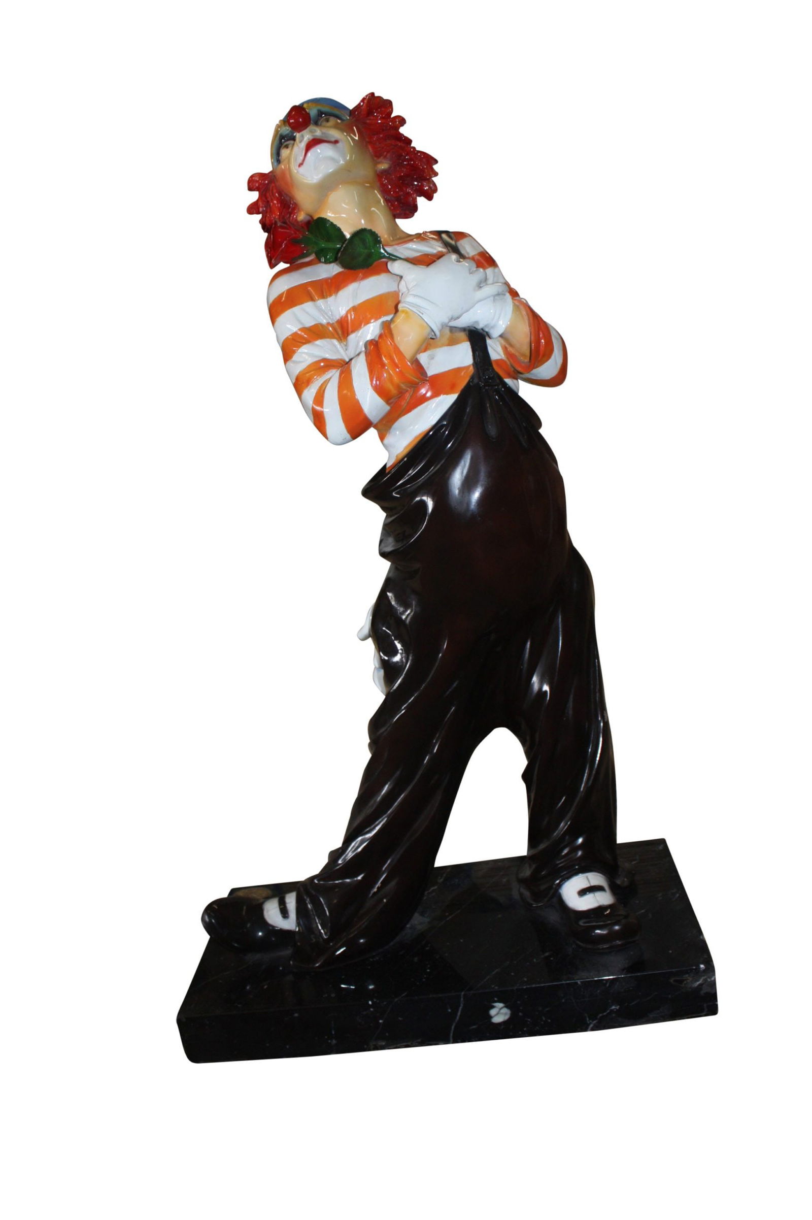 Bronze Standing Clown With Flowers Statue: Title: Bronze Standing Clown With Flowers Statue Description: Decorative Bronze Loveable Clown statue standing on a black marble base. The statue is created using the Lost Wax Cast Bronze method with