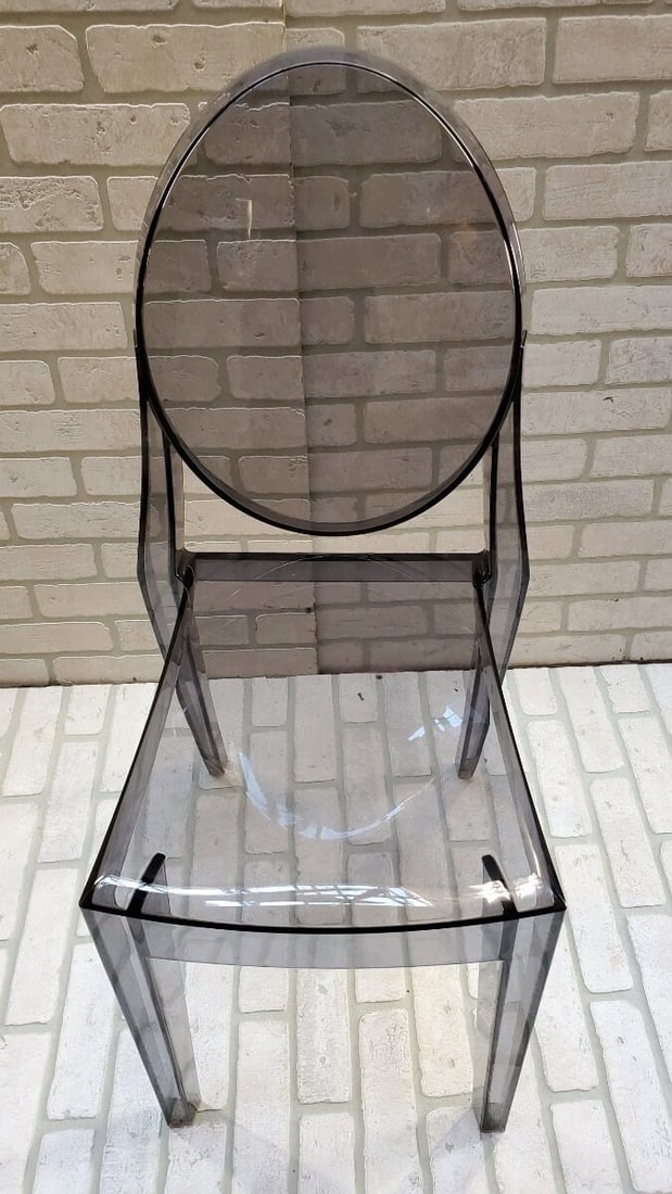 Victoria Ghost Smoke Chair by Philippe Starck for Kartell: Materials: plastic, lucite Victoria Ghost Smoke Chair by Philippe Starck for Kartell H 35.5" W 15" D 15" Seat H 18.5" Great vintage condition Please be aware that most of the items are vintage/antique