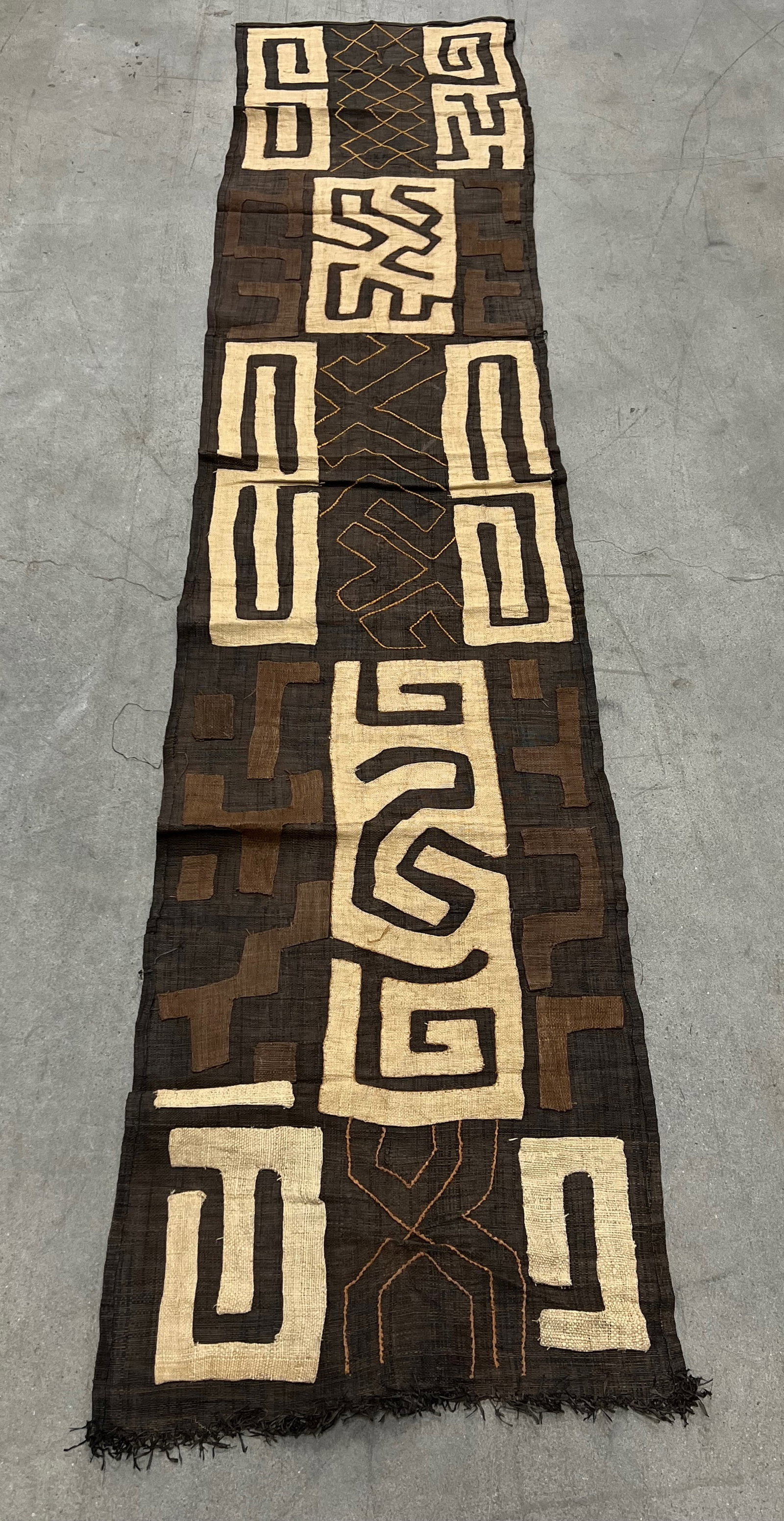Kuba Cloth: Title: Kuba Cloth Date/Period: Late 20th Century Dimension: 100" h x 21" w Material: Cloth Additional Information: African Tribal Art Kuba Cloth Reserve: $100.00 Shipping: Domestic: Flat-rate of $40.0