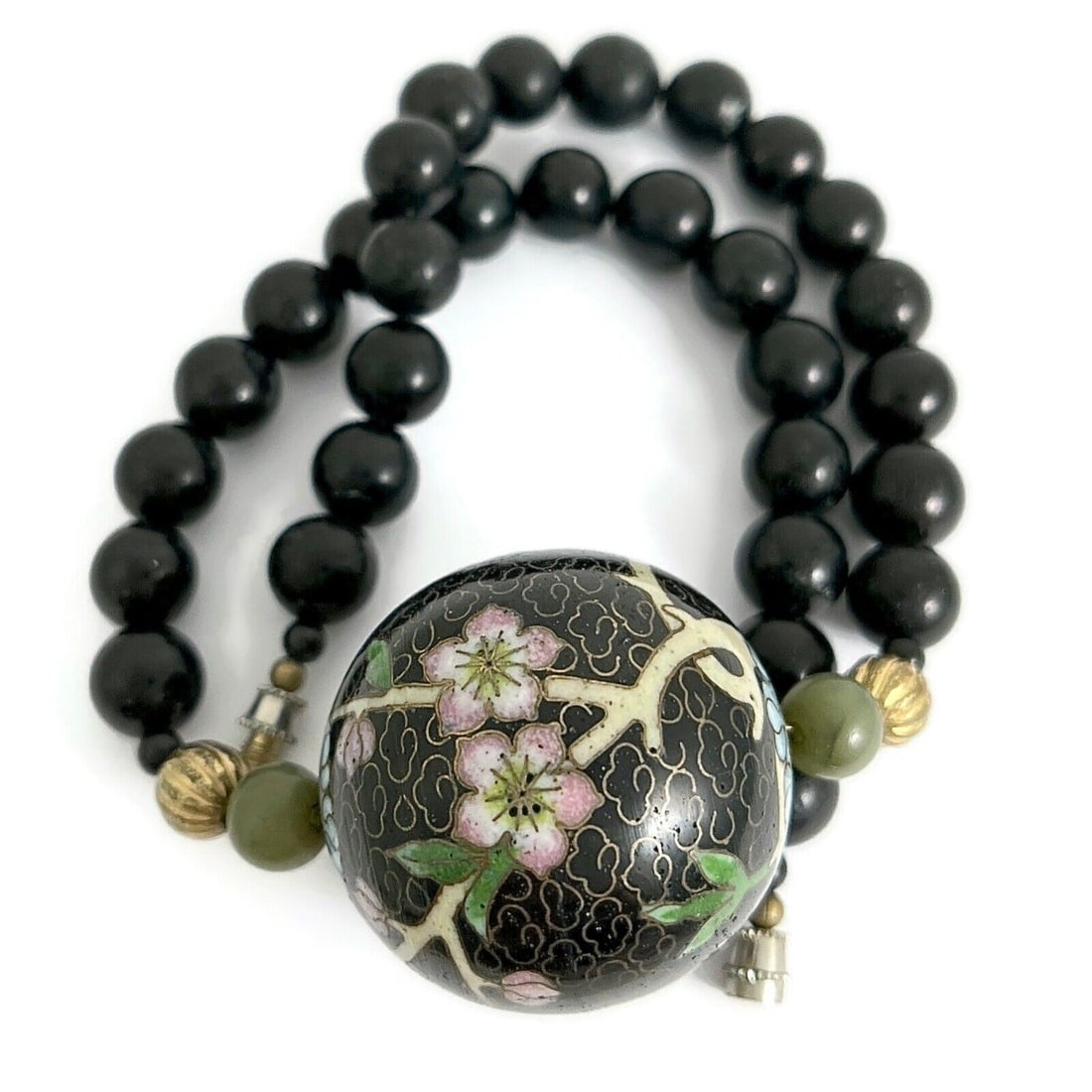 Vintage 1960's Black Onyx Bead Flower Cloisonné Pendant Necklace, 68.20 Gr (1 of 6)