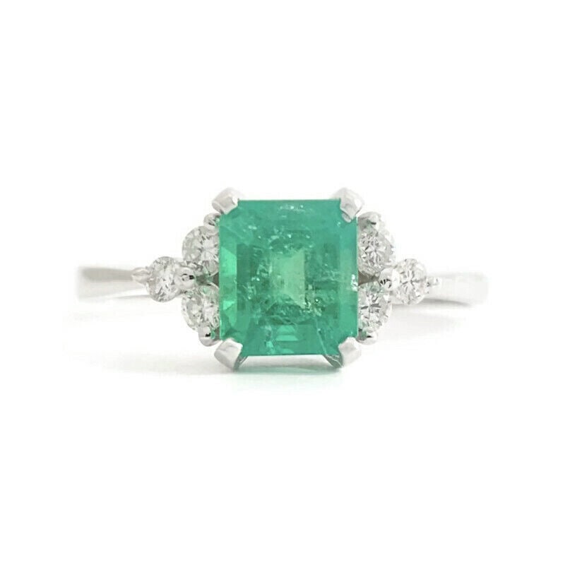 Emerald Cut Green Emerald Diamond Gemstone Ring 14K White Gold 1.08 CTW, 1.96 Gr (1 of 10)