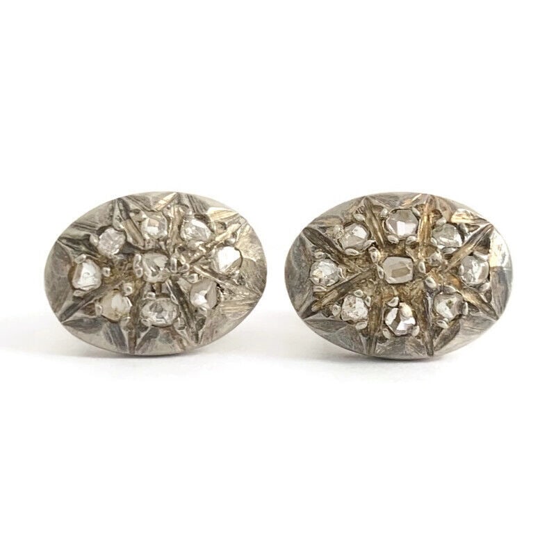 Antique Victorian Oval Diamond Stud Stud Earrings Silver 14K Yellow Gold 3.35 Gr (1 of 7)