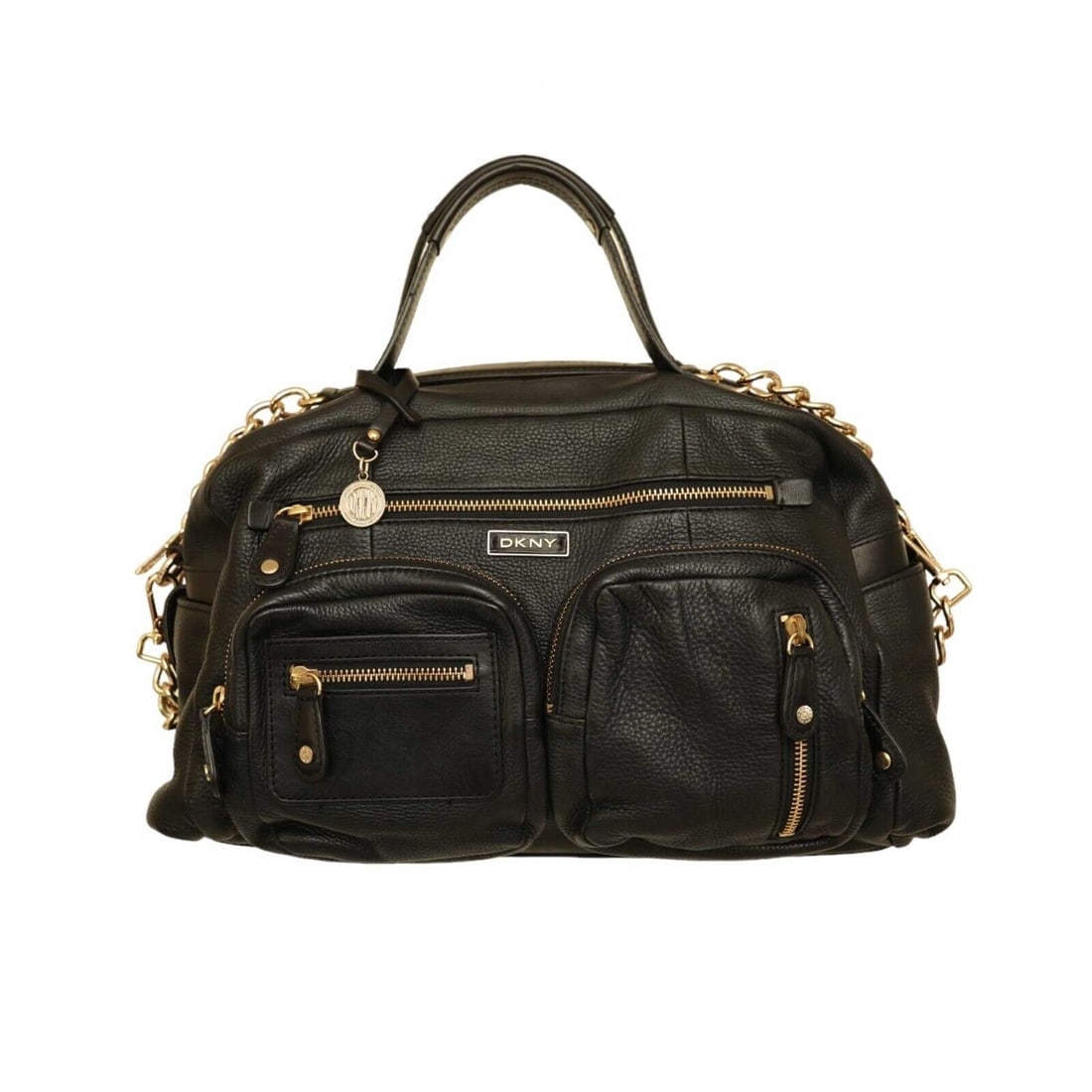 Donna Karan DKNY Black Leather Top Handles Satchel Pockets Chain Shoulder Bag: Donna Karan DKNY Black Leather Top Handles Satchel Pockets Chain Shoulder Bag Extra impressive and luxurious this DKNY bag is such a beautiful piece! This bag features black leather with gold tone har