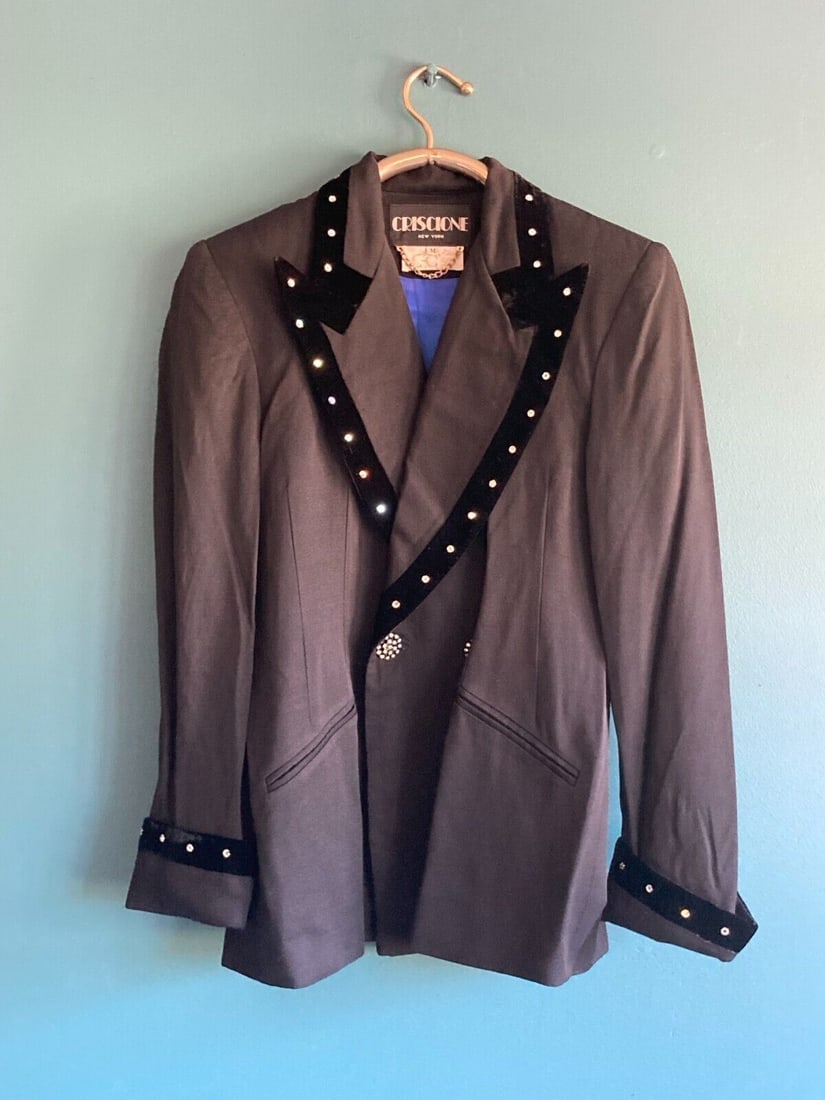 Vintage Criscione x Cache Black Smoking Jacket with Velvet and Rhinestone Collar: Title: Vintage Criscione x Cache Black Smoking Jacket with Velvet and Rhinestone Collar Description: Coach x Gary Baseman Jumper, Wool Mohair Sweater SS16 Date/Period: Vintage Materials: Other Dimensi