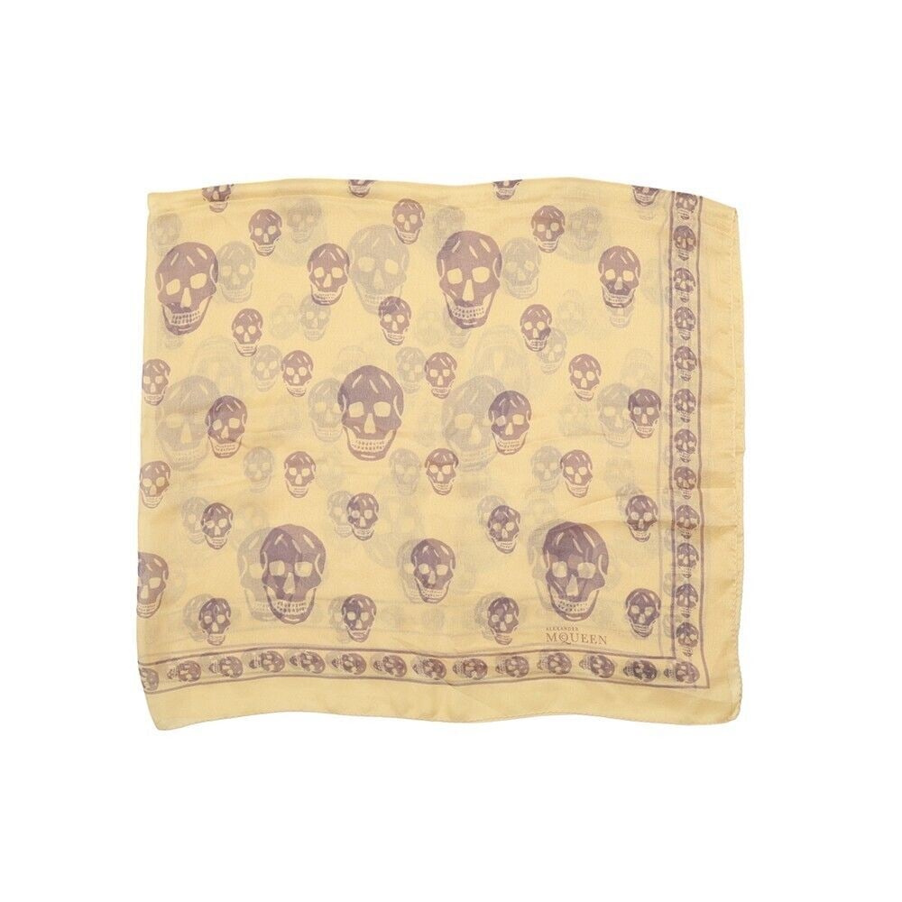 Alexander McQueen Beige w. Purple Skulls & Logo Print Large Silk Scarf Wrap (1 of 7)