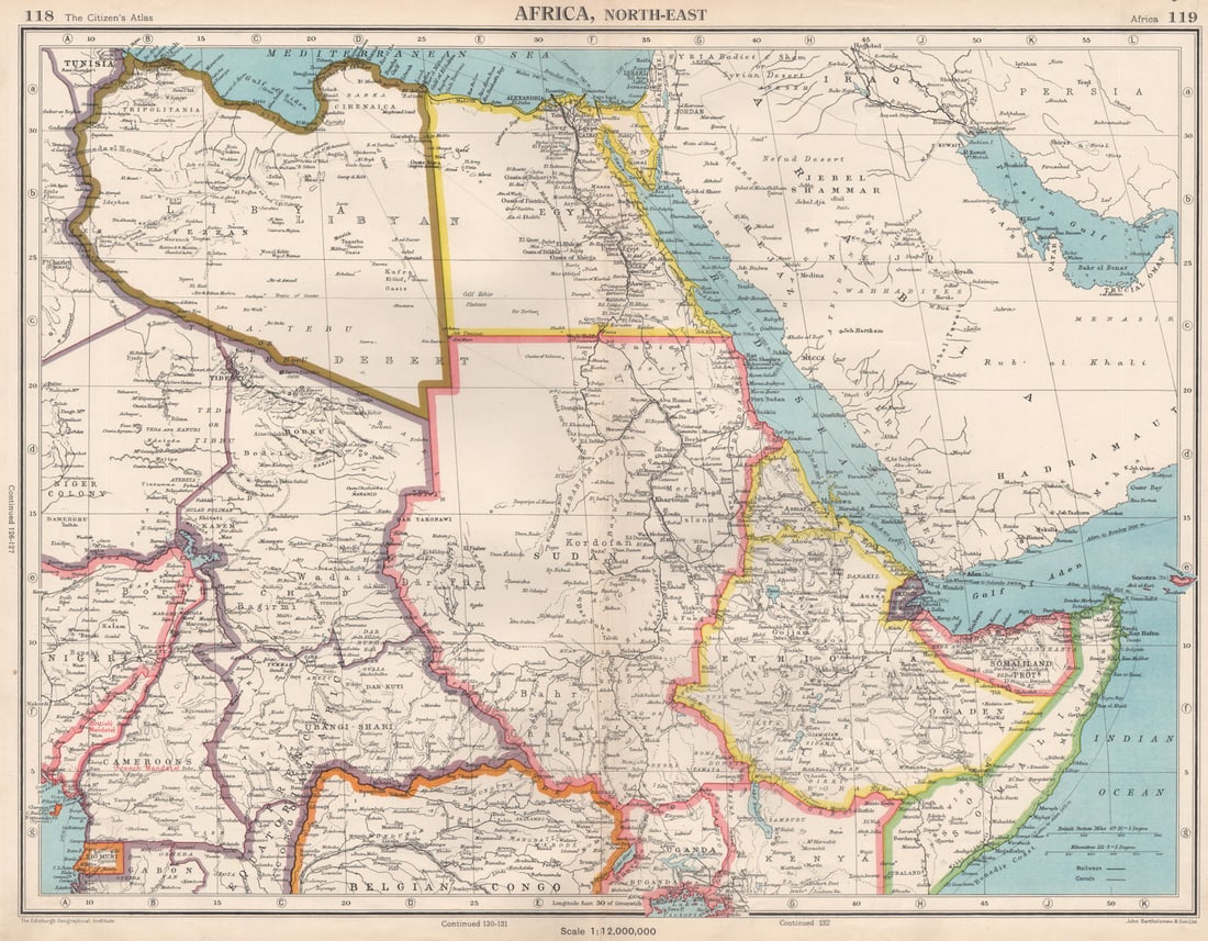 NORTH EAST AFRICA. Libya Egypt Sudan Ethiopia Ubangi-Shari Chad 1952 old map: CAPTION PRINTED BELOW PICTURE: 'Africa, North-East' DATE PRINTED: 1952 IMAGE SIZE: Approx 34.0 x 44.0cm, 13.5 x 17.25 inches (Large); Please note that this is a folding map. TYPE: Vintage colour map; 