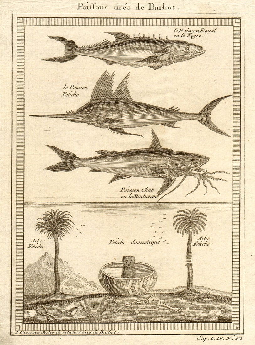 West Africa. Kingfish Swordfish Marlin Gillbacker sea catfish. Fetish tree 1748: CAPTION PRINTED BELOW PICTURE: Poissons tirés de Barbot; Le Poisson Royal ou le Negre; Le Poisson Fétiche; Poisson Chat ou le Machoran; Arbres Fetiches; diverses sortes de Fetiches, Fetiche 