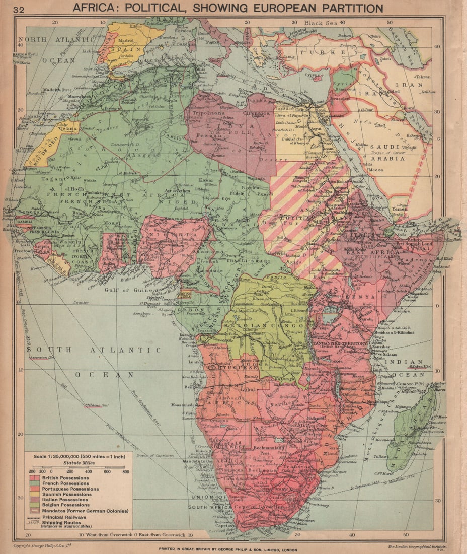SECOND WORLD WAR AFRICA. European colonies & German mandates 1940 old map (1 of 1)
