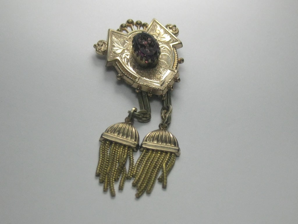 Edwardian/Victorian 12kt G.F. Chatelaine Brooch, 4.25" Tassel Drops, 11.23 gr. (1 of 6)