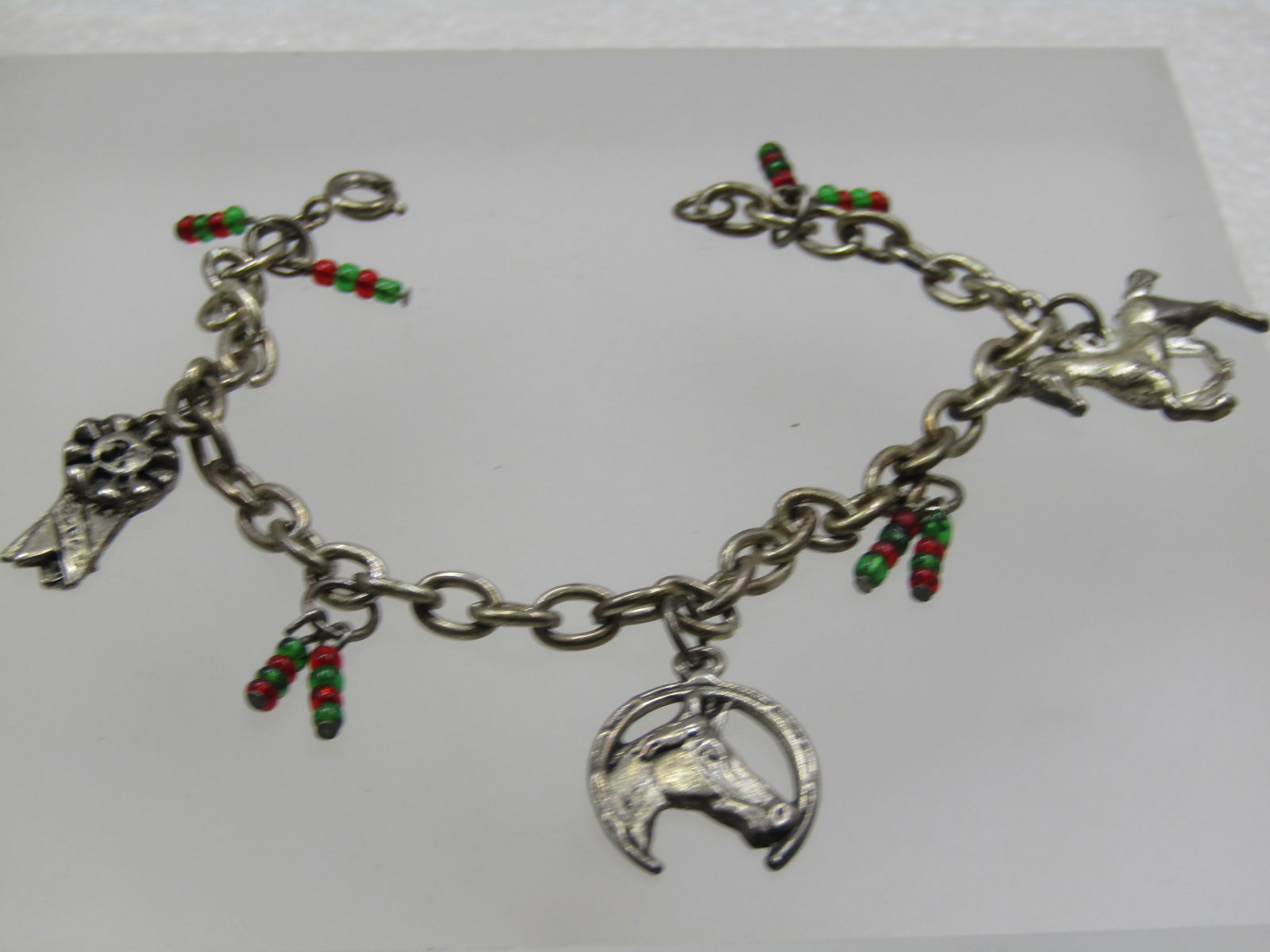 Vintage Horse, Equine Charm Bracelet, Beaded Drops, 7", 1960's (1 of 6)