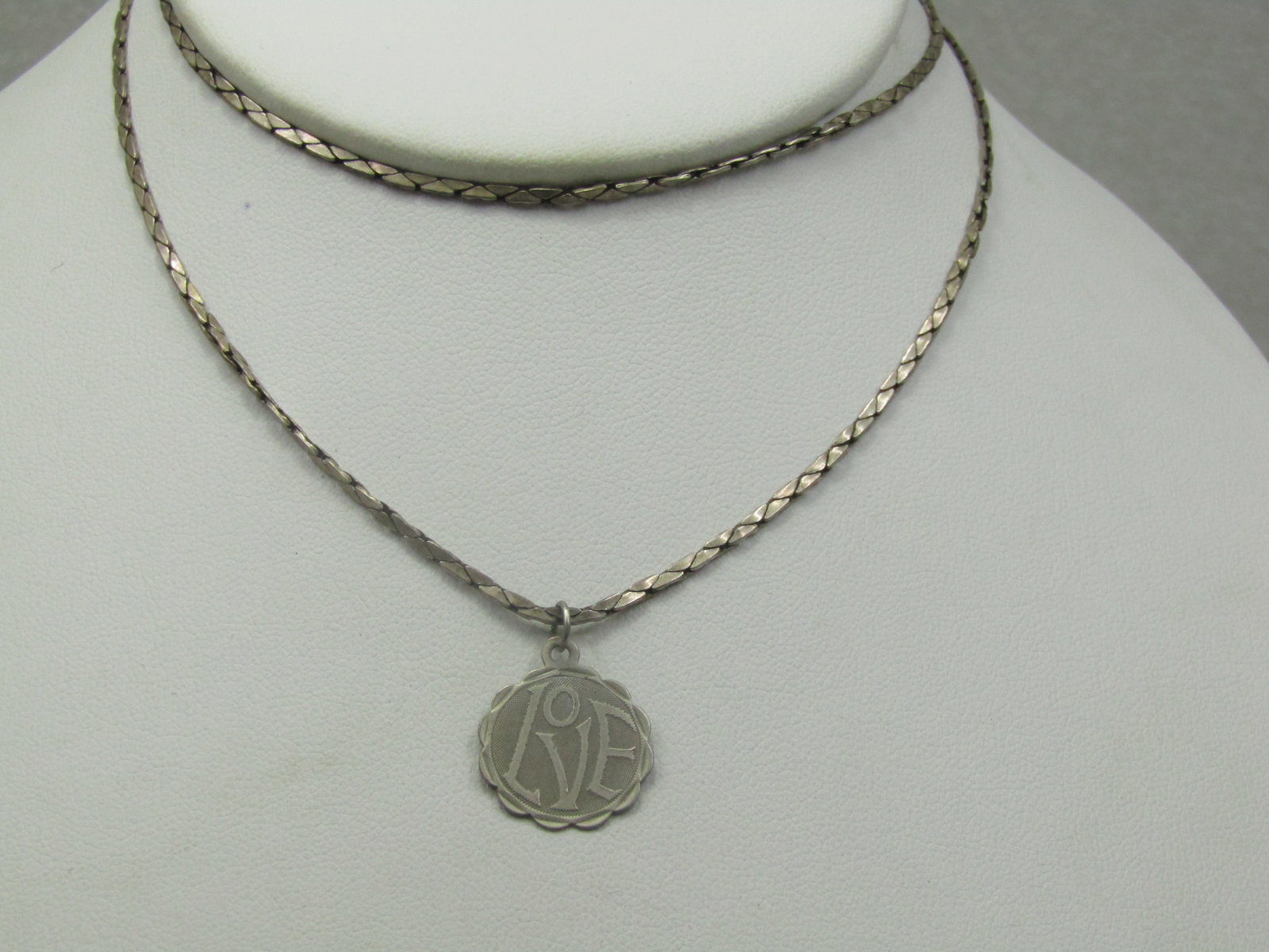 Vintage Sterling Herringbone Necklace, 22",  Love Pendant Signed Avon (1 of 6)