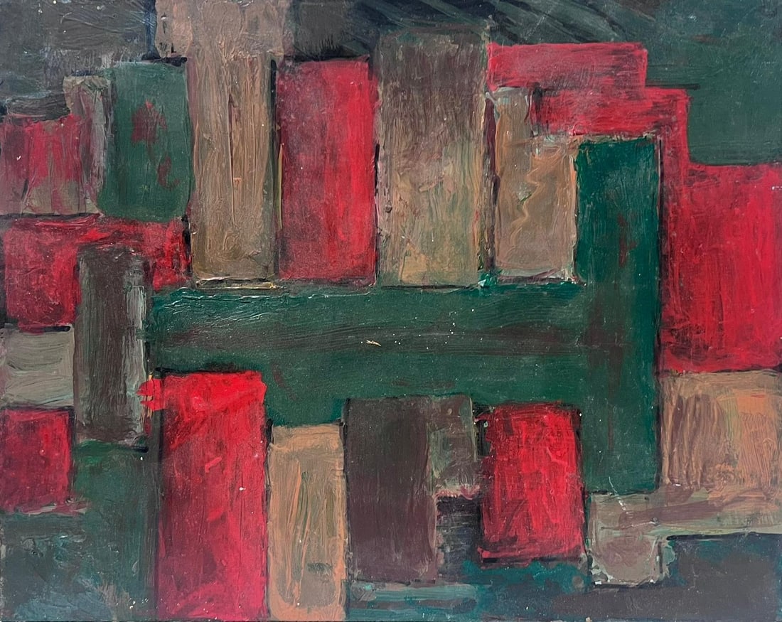 1970's French Cubist Abstract Oil Painting Red & Green Colors (1 of 6)