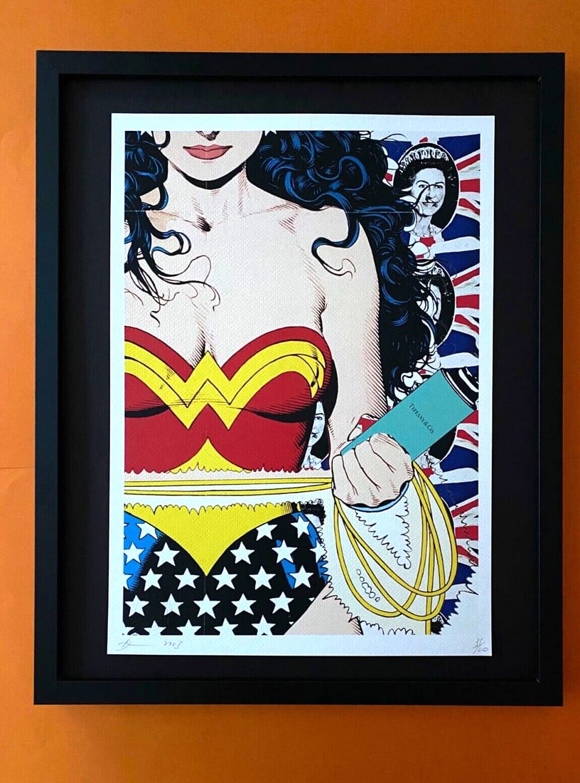 DEATH NYC Hand Signed LARGE Print Framed 16x20in COA WONDER WOMAN TIFFANY B: This is a Stunning and Scarce 100% Authentic New Print by Death NYC Hand Signed and Numbered in Pencil by the Artist Limited Edition of 100 Large Size: 45cm x 32cm About 18x13in Fine Art 300 gsm Paper