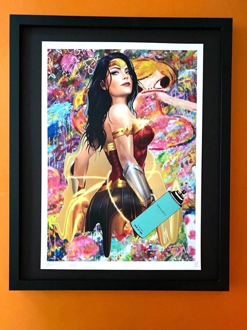 DEATH NYC Hand Signed LARGE Print Framed 16x20in COA WONDER WOMAN GRAFFITI B: Up for Sale this Beautiful and Scarce Print by Pop Art Graffiti Master Artist Death NYC Hand Signed in Pencil Numbered X/100 or Proof This piece is mounted on a 20 x 16 in. black acid free black board