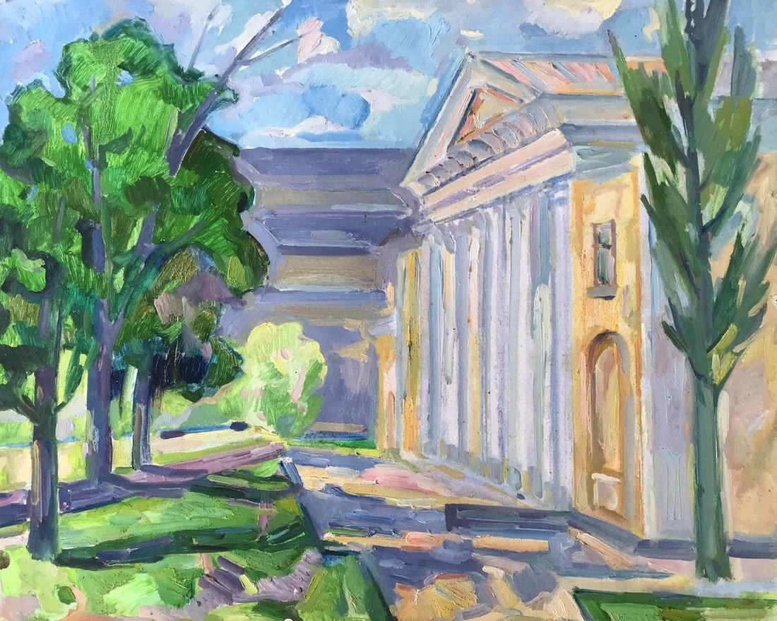 Oil painting City Hall Peter Tovpev: ?AAA2723 The oil painting depicts a majestic city hall that dominates the canvas, standing tall and proud on the right side of the composition. The building is rendered in the impressionist style, wit