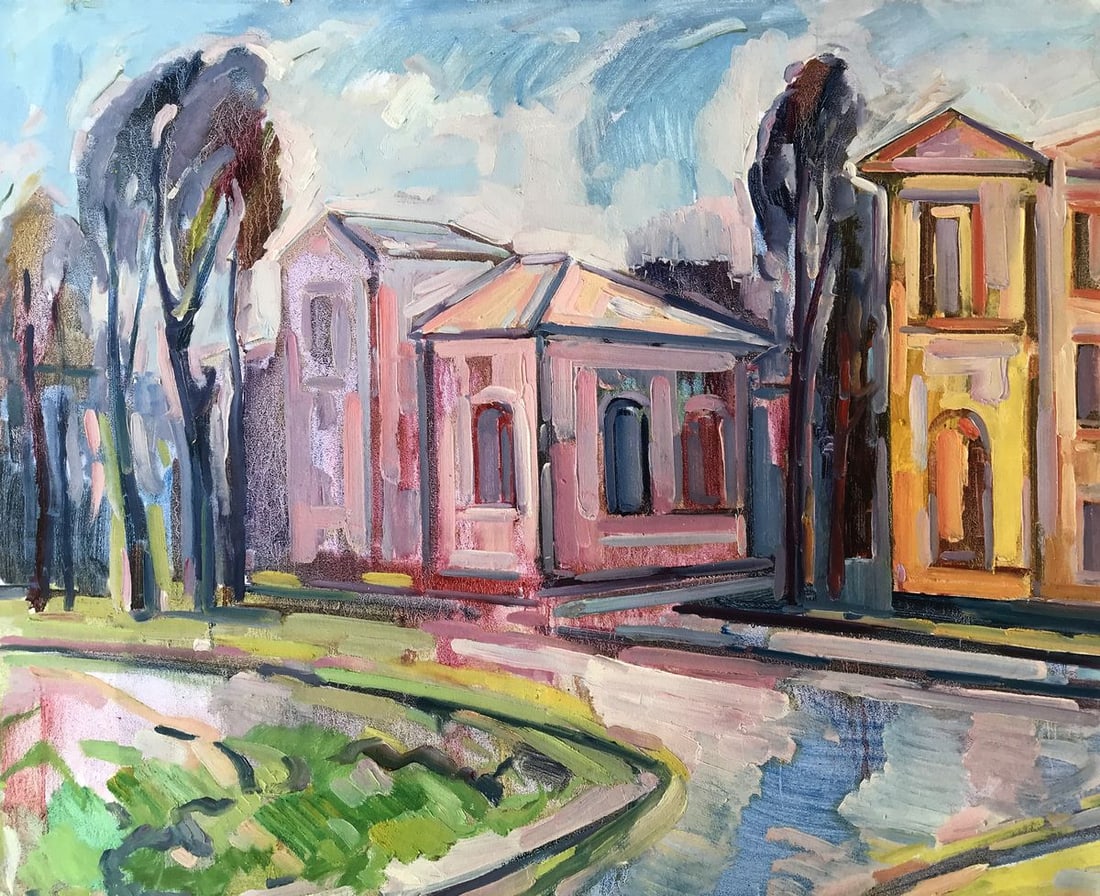 Oil painting Historic Street Peter Tovpev: ?AAA2724 The oil painting captures the essence of a historic street in the style of Impressionism. The street is depicted on a sunny day, with warm light cascading down the buildings, casting a golden